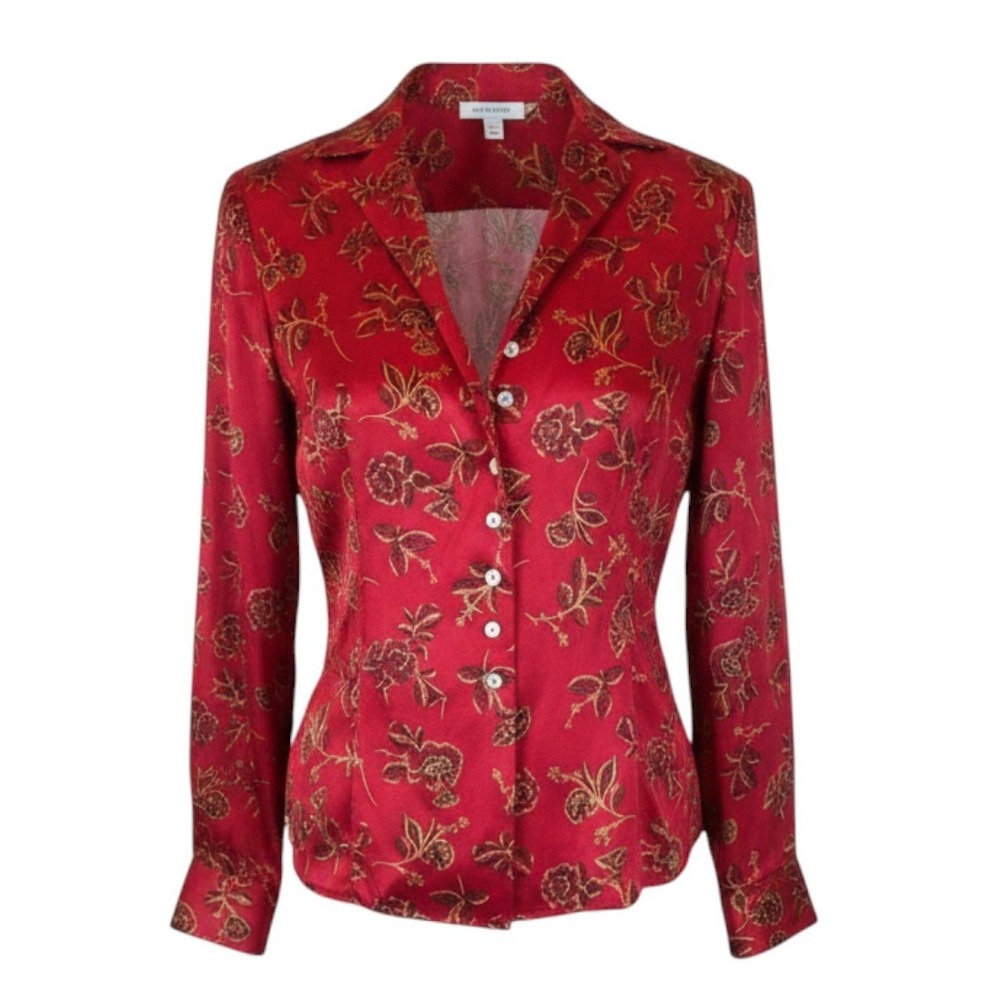 Petite Sophisticate Silk Floral Blouse Button Front Red Vintage Y2K Size 2